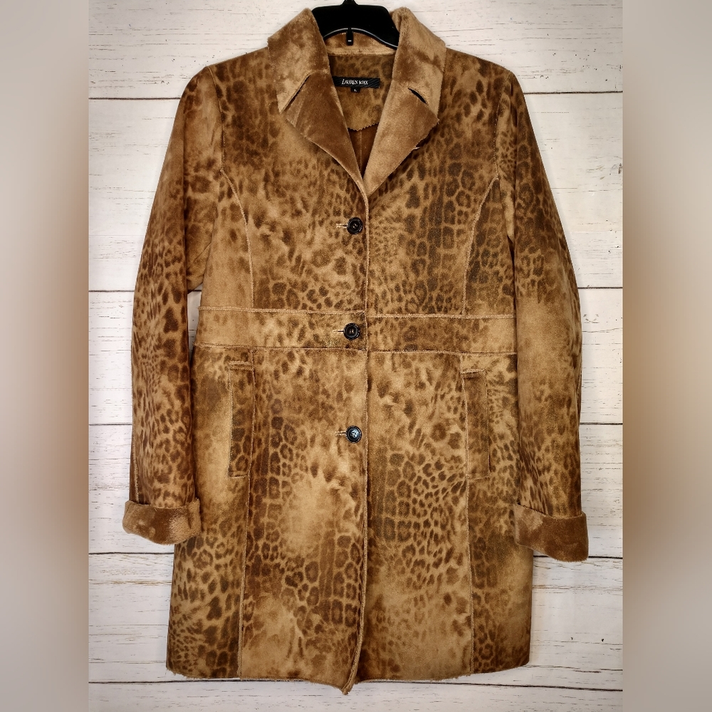 Lauren Max Faux Suede Faux Fur Leopard Pattern Coat
